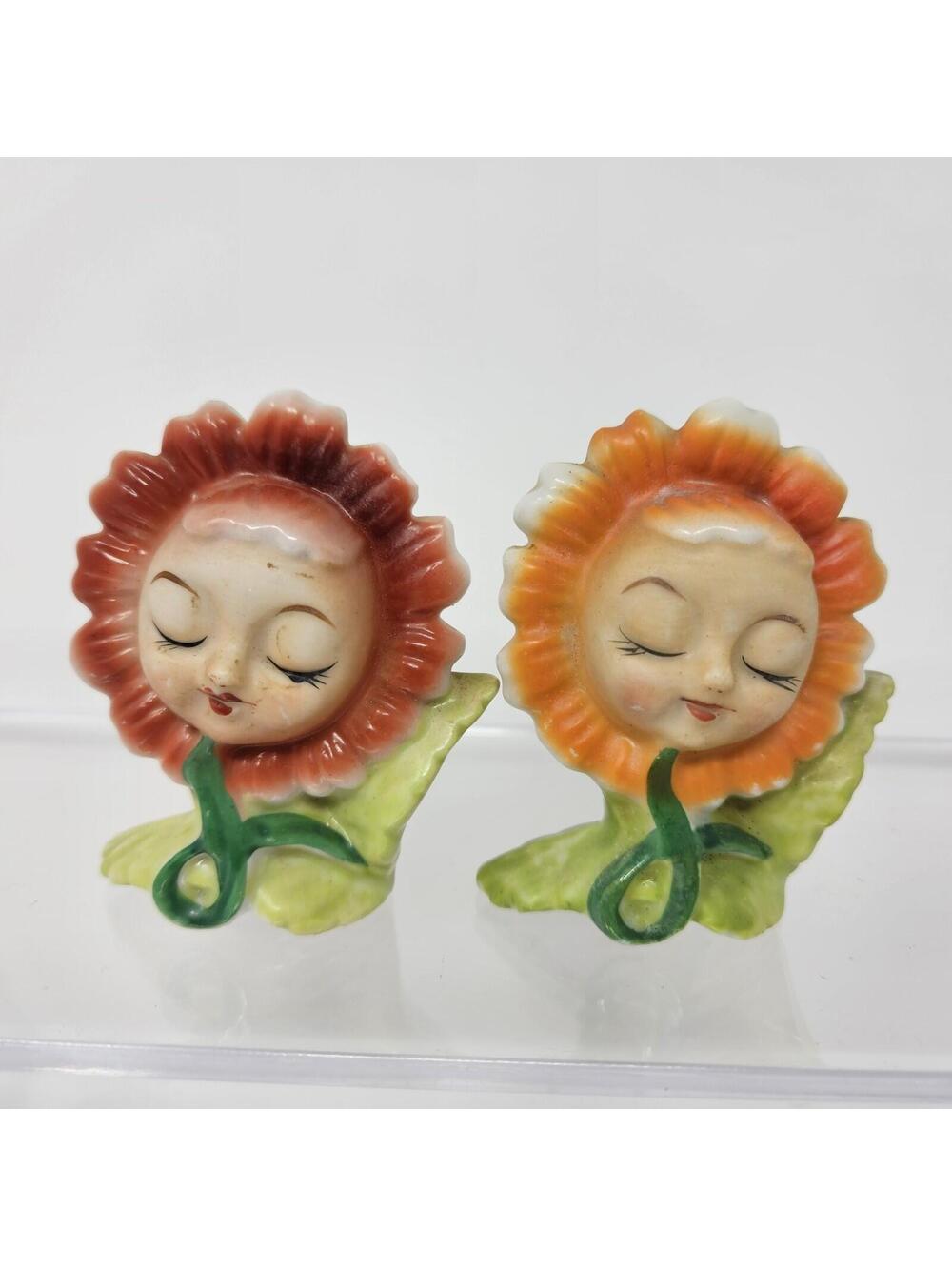 Vintage Sleeping Anthropomorphic Sunflower Salt & Pepper Shakers Japan Whimsical